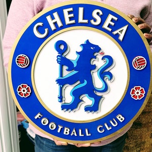 Enseigne logo 3D en bois Chelsea Football Club, écusson sportif médaillon pour homme des cavernes, décoration d'intérieur, cadeau de Noël pour fan de sport