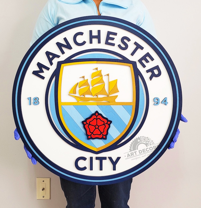 Manchester City Football Club Logo 3D Wooden Sign, Medallion Sports Sign for Man Cave, Home Decoration, Sports Fan Gift