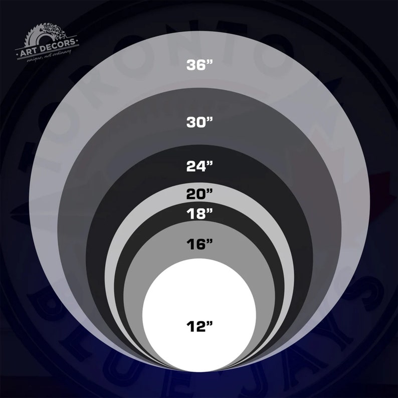 Puede incluir: Dise&ntilde;o circular con anillos conc&eacute;ntricos, cada uno con un di&aacute;metro en pulgadas: 12", 16", 18", 20", 24", 30" y 36". El dise&ntilde;o presenta un degradado de tonos grises sobre un fondo azul oscuro. El texto "ART DECORS" est&aacute; en la parte superior.