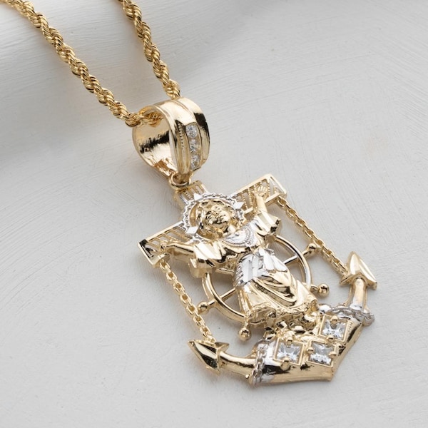 Two Tone Anchor Pendant, Solid Gold Anker Necklace with Baby Jesus, The Divine Child Charm, Religious Gift