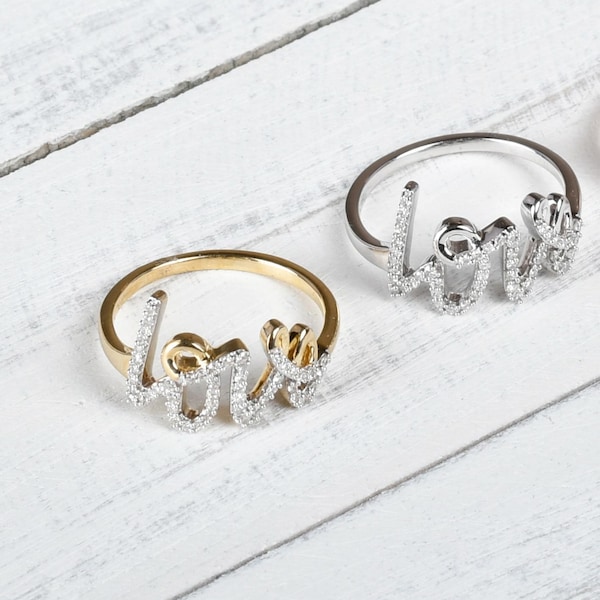 Diamond Gold Love Ring, Solid Gold with Natural Diamond Love Ring, Rose Gold Ring, White Gold Ring, Mothers Day Gift