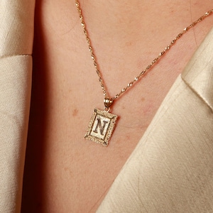 Initial Square Pendant, Solid Gold Initial Necklace, Custom Letter Charm, Personalized Initial Charm, Birthday Gift