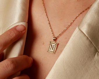 Initial Square Pendant, Solid Gold Initial Necklace, Custom Letter Charm, Personalized Initial Charm, Birthday Gift