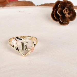Heart Initial Ring 10K, Personalized Ring, Real Gold Letter Ring, Heart Ring with Rose, Custom Jewelry, Gift for Mom