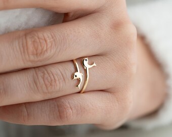 イルカ 14K 18K ソリッドゴールドリング、イルカラップリング、ツイン 