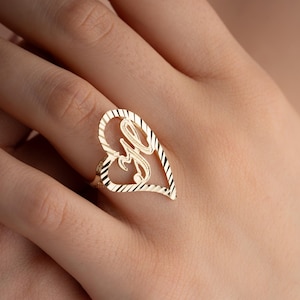 Initial Heart Ring, Real Gold Letter Ring, Personalized Jewelry, Custom Ring, Anniversary Gift, Valentines Day Gift