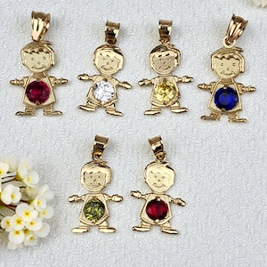 14K Solid Gold Birthstone Pendant, Baby Boy & Girl Birthstone Necklace, Garnet, Amethyst, Emerald, Ruby, Birthday Gift, New Mom Gift