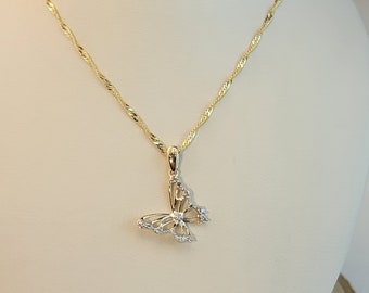 Butterfly Pendant Natural Diamond and Real Gold with 10K Gold Chain, Lucky Necklace, Mom Gift.