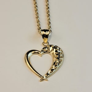 Pingente de coração 10K ouro verdadeiro e corrente de corda, conjunto de colar com corte de diamante, presente de amor, presente de dia das mães