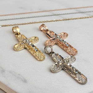 14K Gold Solid Cross with Gold Chain, White Gold Rose Gold Chain and Cross Charm with Jesus, Mothers Day Gift