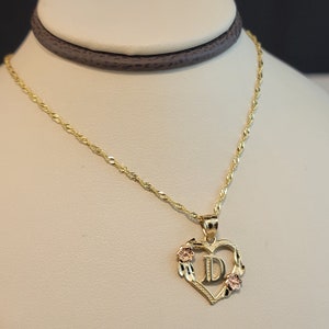 Real 10K Gold Heart Initial Necklace, Two Tone Gold Pendant with Rose Flower, Personalized Letter Necklace, Birthday Jewelry, Mom Gift