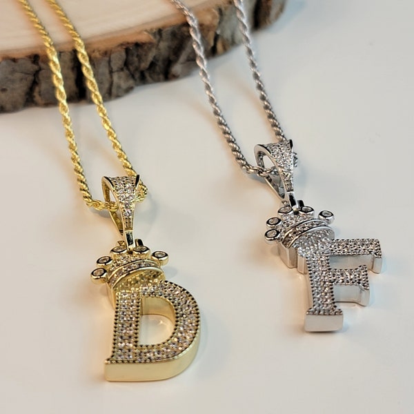 Initial Crown Letter Pendants and Chain Set, Custom Initial Letter Necklace with Cubic Zirconia, Silver Rope Chain, Gift For Mom.