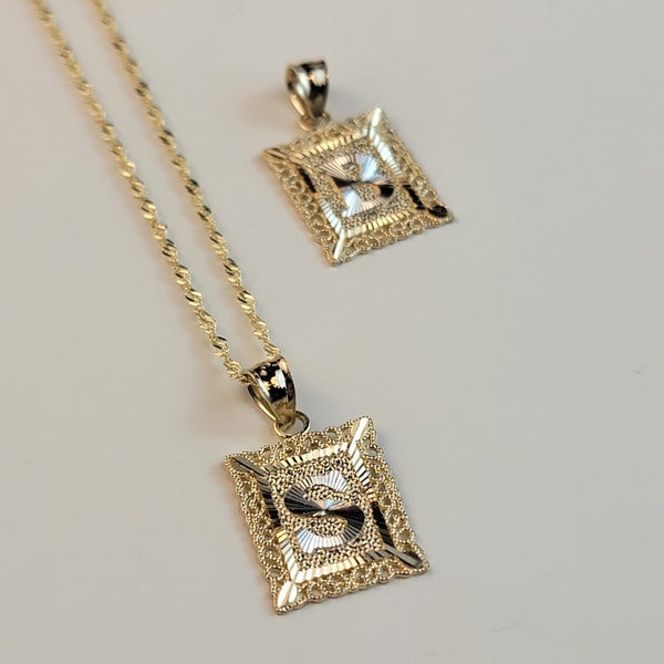 Initial Square 10K Gold  Necklace ,Real 10K Gold Chain and Pendant, Gift For Mom.