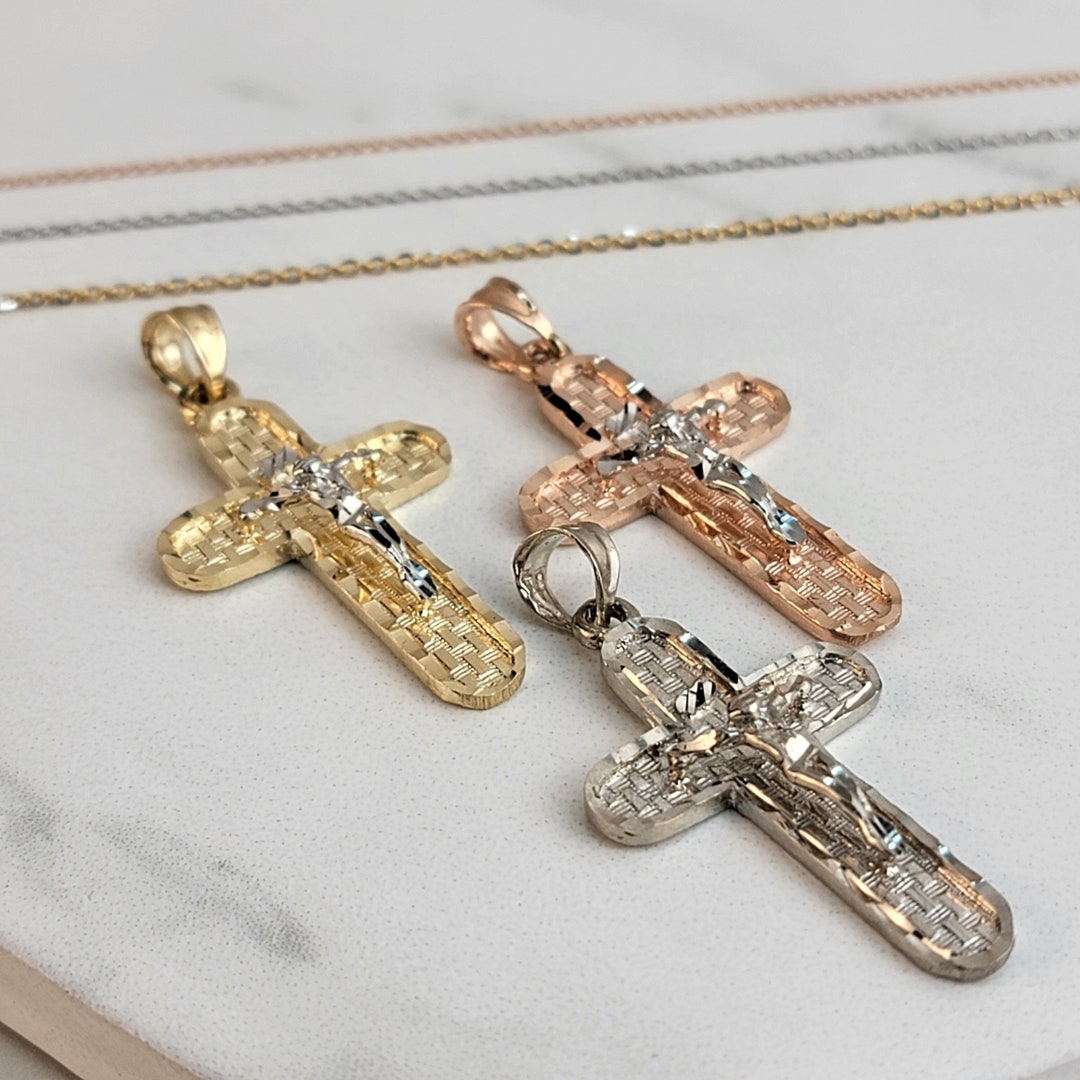 14K Gold Solid Cross With Gold Chain, White Gold Rose Gold Chain and ...