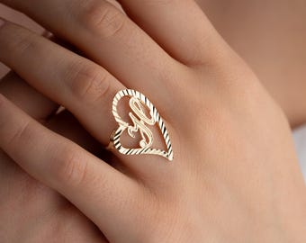 Anel de coração inicial de ouro 10K, anel de letra em formato de coração personalizado, anel personalizado de ouro verdadeiro, anel de ouro delicado, presente para ela, presente de dia das mães
