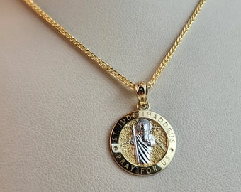10K Gold St. Jude Thaddeus Necklace, Pray For Us Pendant, 10K Gold Chain