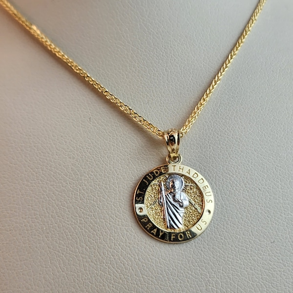 10K Gold St. Jude Thaddeus Necklace, Pray For Us Pendant, 10K Gold Chain