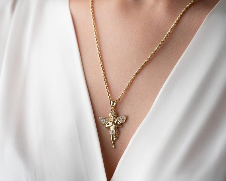 10K Solid Gold Cherub Angel Pendant, Guardian Angel Charm, Praying Angel Necklace, Religious Christian Gifts