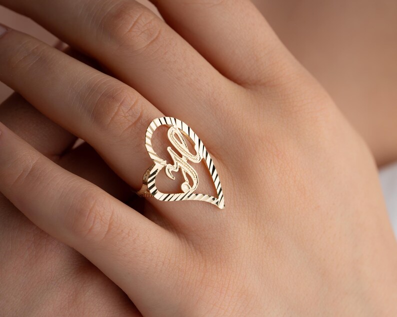 Initial Heart Ring, Real Gold Letter Ring, Personalized Jewelry, Custom Ring, Anniversary Gift, Valentines Day Gift