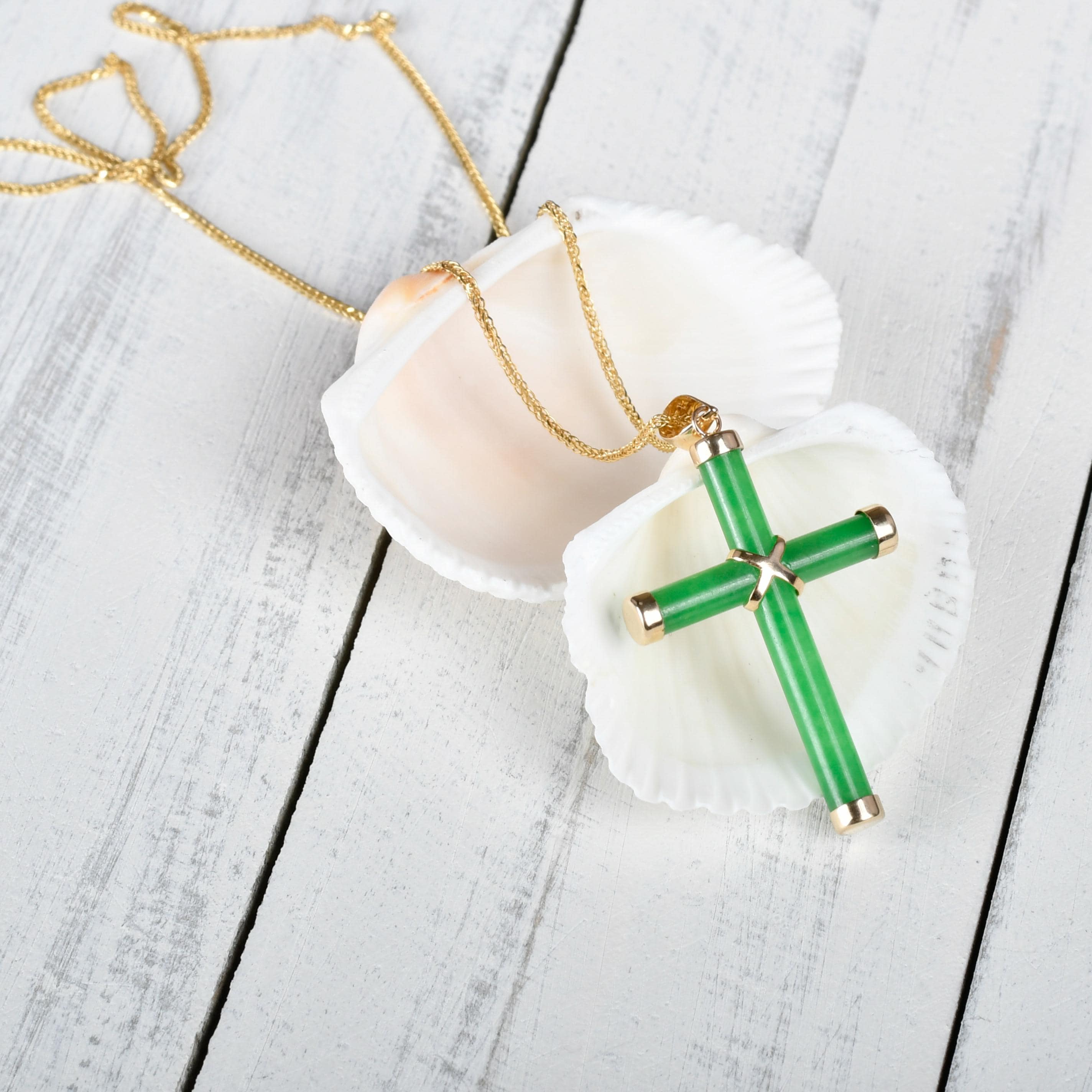 Green Jade Cross 14K Necklace ,gold Green Stone Cross Pendant With