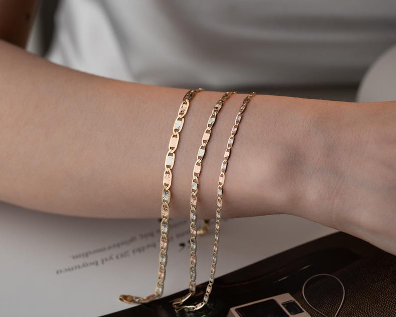 Solid Gold Tri Color Valentino Bracelet, Three Sizes Textured Valentino Chain, Mother Daughter Bracelet, Bracelet for Women