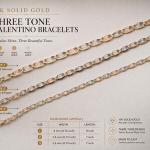 Puede incluir: Tres pulseras Valentino de oro macizo de 10K en tonos oro amarillo, rosa y blanco. Las pulseras se muestran en tres tama&ntilde;os: tama&ntilde;o 1 de 4 mm de ancho y 20,32 cm de largo, tama&ntilde;o 2 de 3,4 mm de ancho y 17,78 cm de largo, y tama&ntilde;o 3 de 2,6 mm de ancho y 17,78 cm de largo.