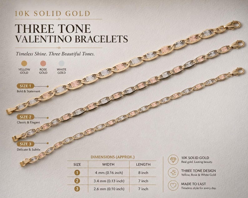 Puede incluir: Tres pulseras Valentino de oro macizo de 10K en tonos oro amarillo, rosa y blanco. Las pulseras se muestran en tres tama&ntilde;os: tama&ntilde;o 1 de 4 mm de ancho y 20,32 cm de largo, tama&ntilde;o 2 de 3,4 mm de ancho y 17,78 cm de largo, y tama&ntilde;o 3 de 2,6 mm de ancho y 17,78 cm de largo.