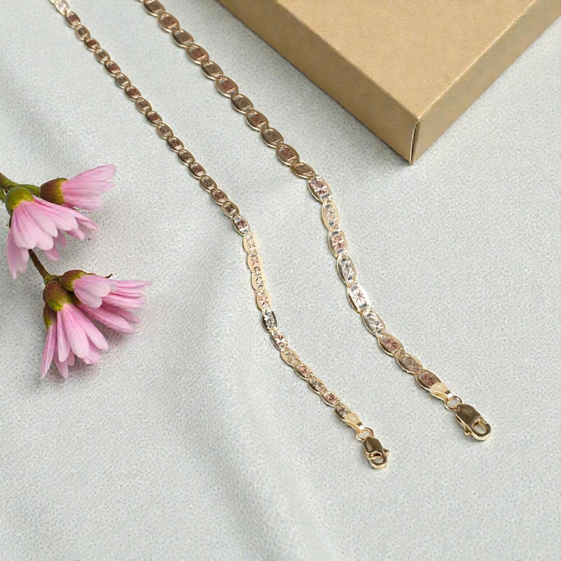 Valentino Bracelet, Real Gold Tri Color Valentino Link Bracelet, Three Sizes Textured Valentino Chain