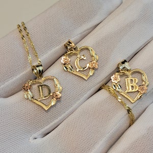10K Small Letter Heart Pendant with Rose Gold Flower, Personalized Two tone Real Gold Initial Necklace, Mom Gift, Mothers Day Gift