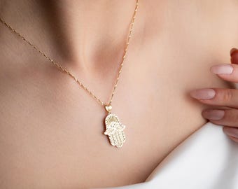 Hamsahandhanger 10 kt goud, beschermingsketting, 10 kt gouden hamsaketting, Fatima-handsieraden, gouden beschermingsamulet, 10 kt gouden ketting