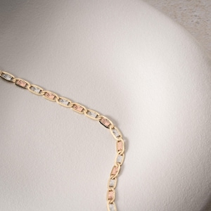Puede incluir: Un collar de cadena de oro tricolor con eslabones ovalados alternos en oro amarillo, rosa y blanco. Cada eslab&oacute;n presenta un grabado texturizado estilo rayos de sol en su superficie, creando un patr&oacute;n repetitivo de tonos met&aacute;licos.