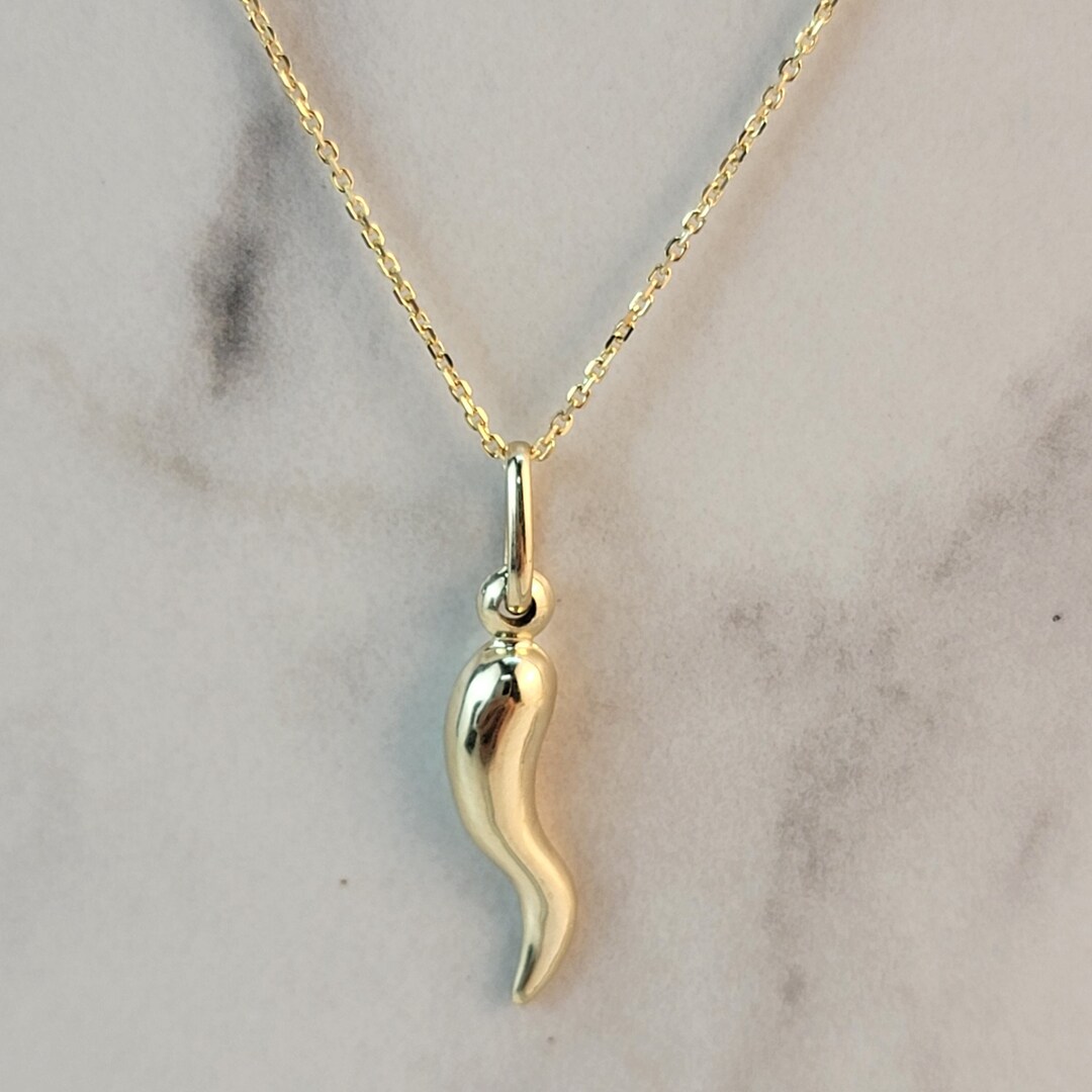 14K Gold Italian Horn Necklace With 14K Gold Chain, Luck Pendant, Mom