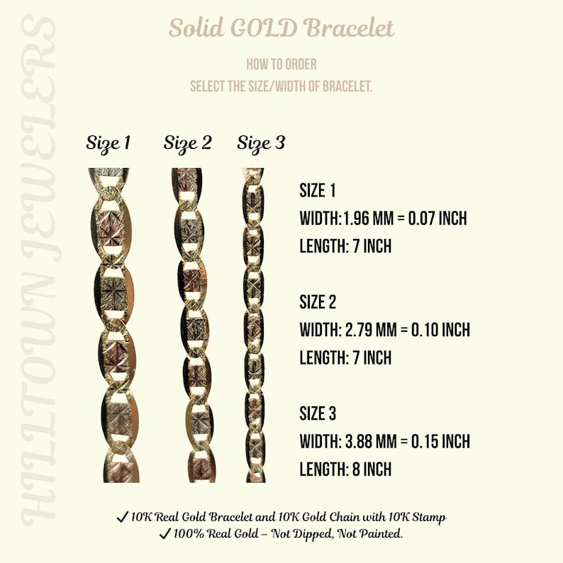 Op de afbeelding: Afbeelding van drie gouden kettingarmbanden in verschillende maten. Maat 1 is 1,96 mm breed en 17,78 cm lang. Maat 2 is 2,79 mm breed en 17,78 cm lang. Maat 3 is 3,88 mm breed en 20,32 cm lang. De tekst luidt "Solid GOLD Bracelet".