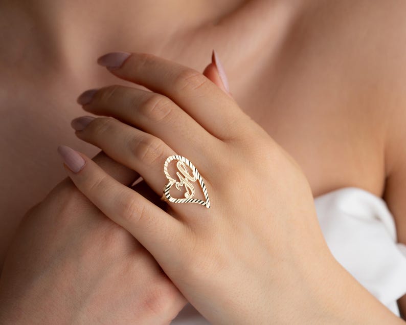 Initial Heart Ring, Real Gold Letter Ring, Personalized Jewelry, Custom Ring, Valentines Day Gift