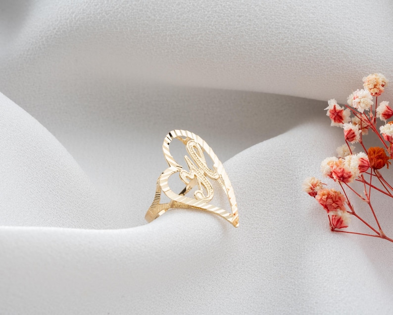 Solid Gold Initial Ring, Initial Heart Ring, Real Gold Letter Ring, Custom Ring, Birthday Gift, Personalized Jewelry