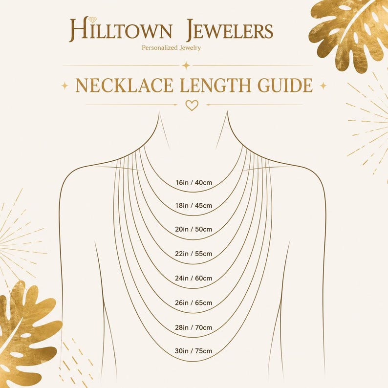 May include: A Hilltown Jewelers necklace length guide featuring a line drawing of a neck and shoulders with eight concentric necklace chains. Text includes Hilltown Jewelers, Personalized Jewelry, and Necklace Length Guide with measurements from 16in to 30in.