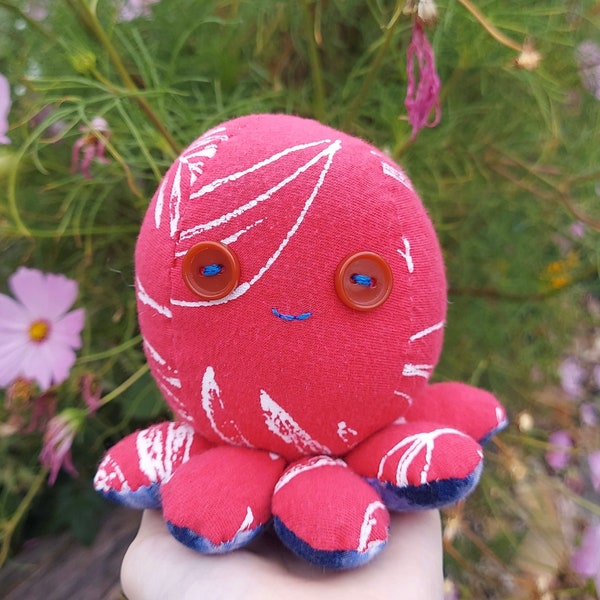 Red and White Palm Tree Pattern Handsewn Plush Octopus