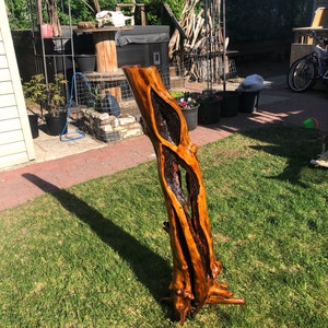 Op de afbeelding: Een grote, ingewikkeld gesneden houten boomstam met een natuurlijke, rustieke afwerking. De boomstam heeft een unieke, gedraaide vorm en een donkerbruine kleur. Hij staat rechtop op een gazon.