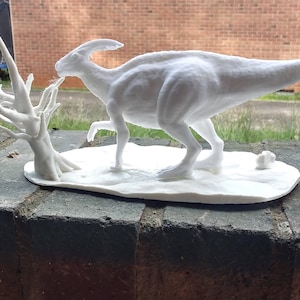Unpainted Duck-billed Dinosaur Parasaurolophus Statue with Pedestal Model Collector Decor Gift 3D Printed.