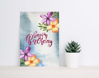 Watercolor Birthday Card Blank Inside, Printable Birthday Card, Digital Prints