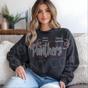 Może przedstawiać: Ciemnoszara bluza z napisem "Panthers" w stylu przypominającym dżet. Tekst ma czerwony kontur i jest wypełniony jaśniejszym kolorem. Bluza ma okrągły dekolt.