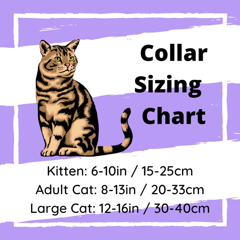 May include: A chart showing collar sizing for kittens, adult cats, and large cats. The chart shows measurements in both inches and centimeters. Kitten: 6-10in / 15-25cm. Adult Cat: 8-13in / 20-33cm. Large Cat: 12-16in / 30-40cm.