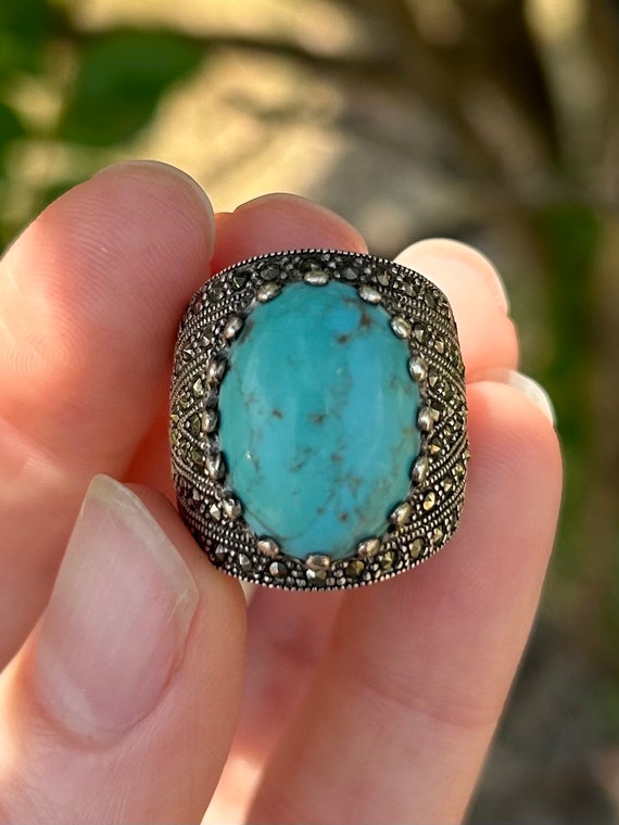 Sterling Silver Turquoise Statement Ring Band Siz… - image 2