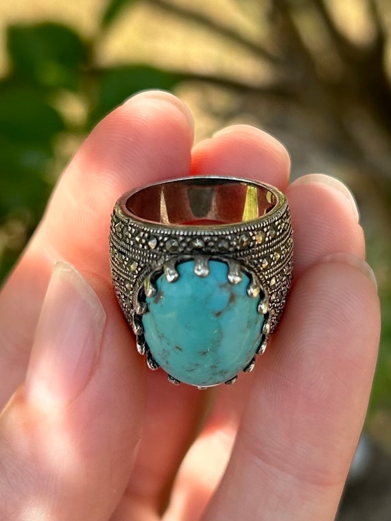 Sterling Silver Turquoise Statement Ring Band Siz… - image 1