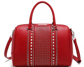 NICOLE LEE Studded Boston Bag, designer handbag for women, shoulder bag, top handle bag, embellishments, vegan leather, inner pockets, purse
