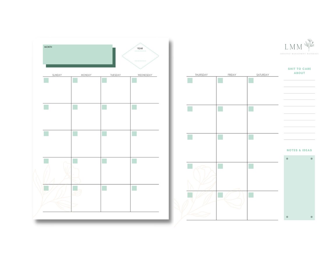 Blank Monthly Calendar Green digital Download - Etsy