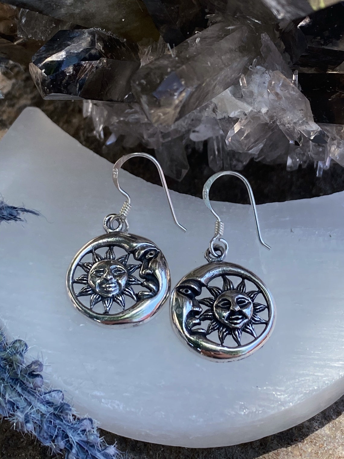 Moon & Sun Dangle Earrings Sterling Silver 925 Dainty Etsy