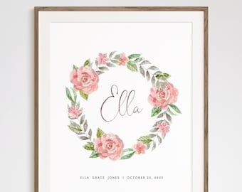 Personalized Nursery Name Print | Watercolor Name Print | Floral Name Print | Floral Name Wall Art | Baby Name Printable | Digital Download