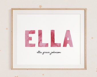 Impresión de nombre personalizada, arte de nombre en acuarela, impresión de nombre a medida, decoración para habitación infantil (descarga digital)