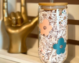 Boho Floral Glass with Bamboo Lid and Straw